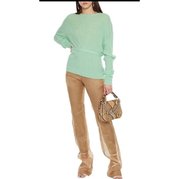 HELMUT LANG Sweater Women Sz S‎ Belted Ribbed Crew Alpaca Blend Mint Green MONEY - Picture 2 of 13